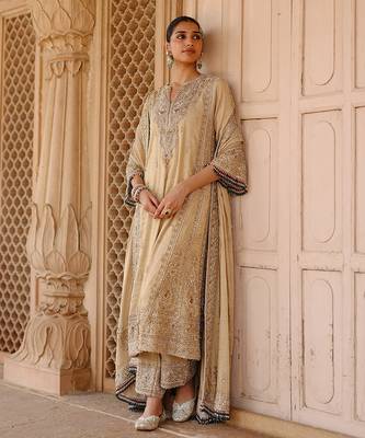 Gold embroidered silk tissue long chauga set 2