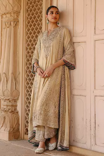 Gold embroidered silk tissue long chauga set
