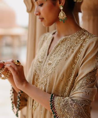 Gold embroidered silk tissue long chauga set 3