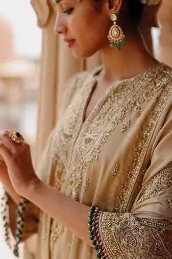 Gold embroidered silk tissue long chauga set