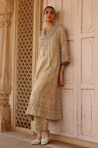 Gold embroidered silk tissue long chauga set