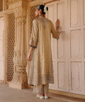 Gold embroidered silk tissue long chauga set 5