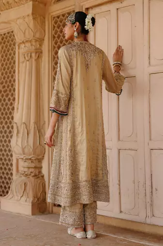Gold embroidered silk tissue long chauga set