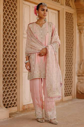 Pink embroidered silk chanderi kurta set