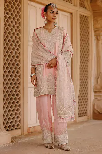 Pink embroidered silk chanderi kurta set