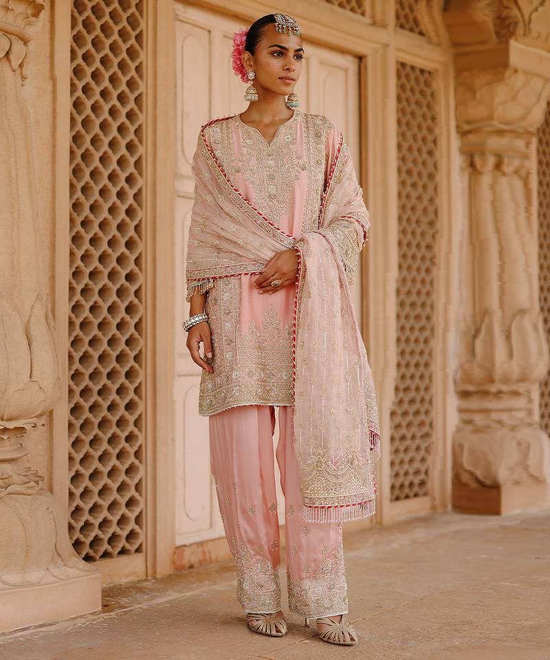 Pink embroidered silk chanderi kurta set