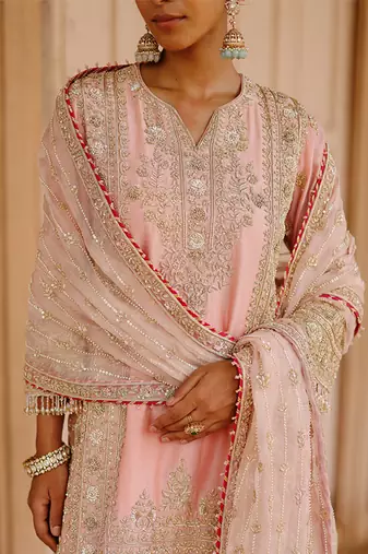 Pink embroidered silk chanderi kurta set