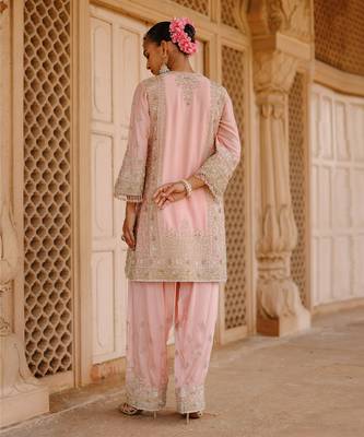 Pink embroidered silk chanderi kurta set 3