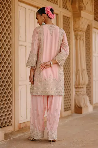 Pink embroidered silk chanderi kurta set
