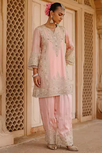Pink embroidered silk chanderi kurta set