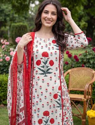 Women Floral Printed Regular Pure Cotton Kurta with Trousers & With Dupatta 2