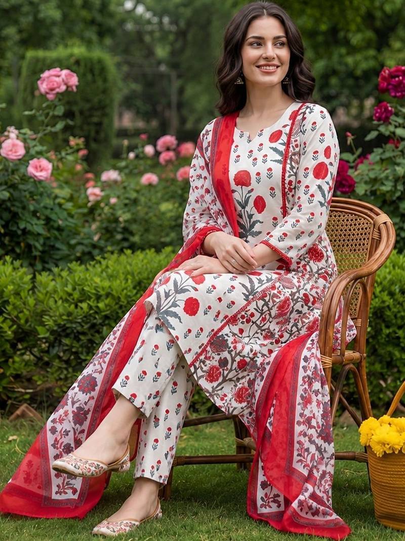Women Floral Printed Regular Pure Cotton Kurta with Trousers & With Dupatta