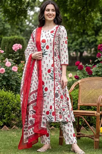 Women Floral Printed Regular Pure Cotton Kurta with Trousers & With Dupatta