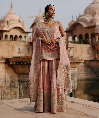 Pink embroidered silk chanderi sharara set 1