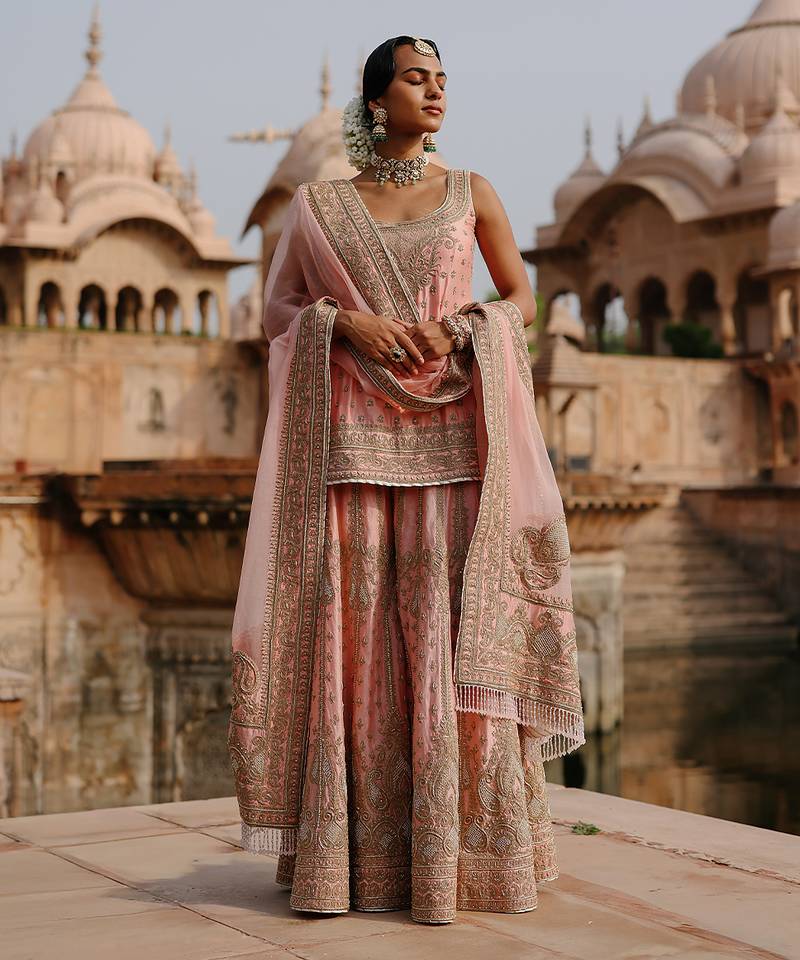 Pink embroidered silk chanderi sharara set