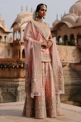 Pink embroidered silk chanderi sharara set