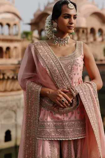 Pink embroidered silk chanderi sharara set