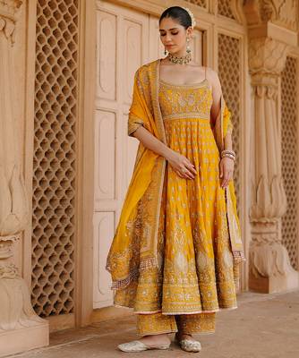 Mustard yellow embroidered silk chanderi anarkali set 1
