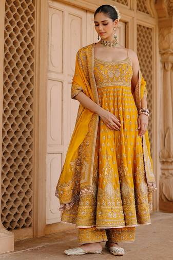 Mustard yellow embroidered silk chanderi anarkali set