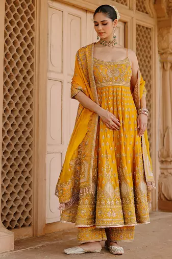 Mustard yellow embroidered silk chanderi anarkali set