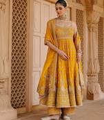 Mustard yellow embroidered silk chanderi anarkali set