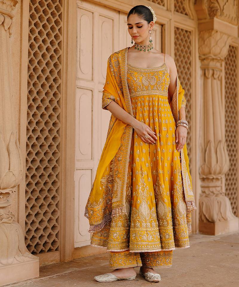 Mustard yellow embroidered silk chanderi anarkali set