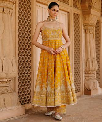 Mustard yellow embroidered silk chanderi anarkali set 2