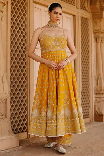 Mustard yellow embroidered silk chanderi anarkali set