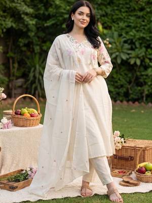 Women Floral Embroidered Regular Thread Work Pure Cotton Kurta with Trousers & With Dupatta 6