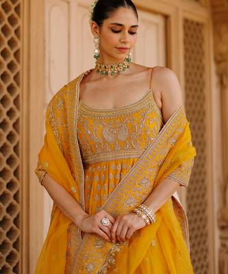Mustard yellow embroidered silk chanderi anarkali set 3