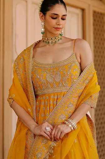 Mustard yellow embroidered silk chanderi anarkali set