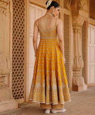 Mustard yellow embroidered silk chanderi anarkali set 4