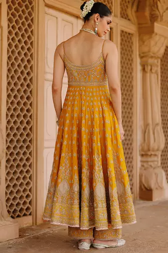 Mustard yellow embroidered silk chanderi anarkali set