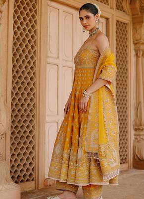 Mustard yellow embroidered silk chanderi anarkali set 5