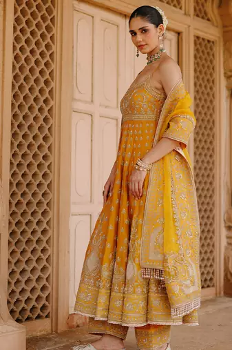 Mustard yellow embroidered silk chanderi anarkali set