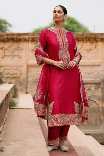 Hot pink embroidered silk chanderi long kurti set