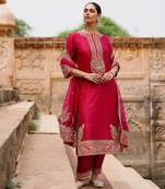 Hot pink embroidered silk chanderi long kurti set