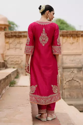 Hot pink embroidered silk chanderi long kurti set