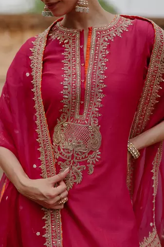 Hot pink embroidered silk chanderi long kurti set