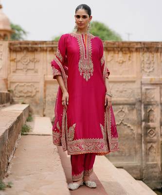 Hot pink embroidered silk chanderi long kurti set 4