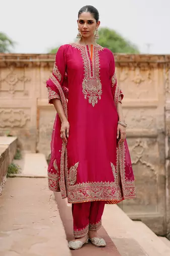 Hot pink embroidered silk chanderi long kurti set