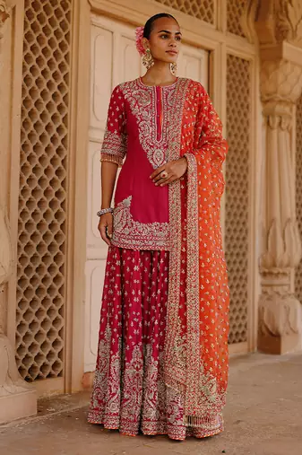 Hot pink embroidered silk chanderi sharara set
