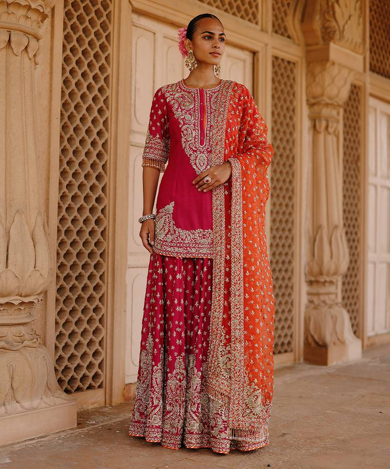 Hot pink embroidered silk chanderi sharara set