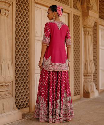Hot pink embroidered silk chanderi sharara set 2