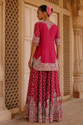 Hot pink embroidered silk chanderi sharara set