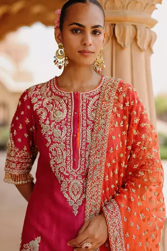 Hot pink embroidered silk chanderi sharara set