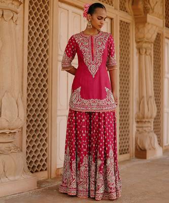 Hot pink embroidered silk chanderi sharara set 4