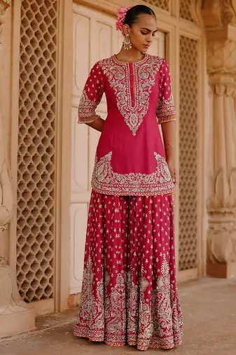 Hot pink embroidered silk chanderi sharara set