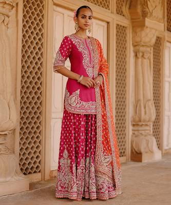 Hot pink embroidered silk chanderi sharara set 5