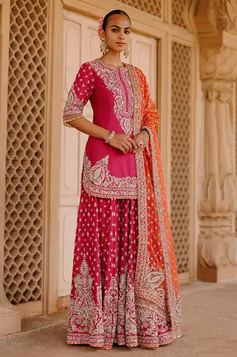 Hot pink embroidered silk chanderi sharara set